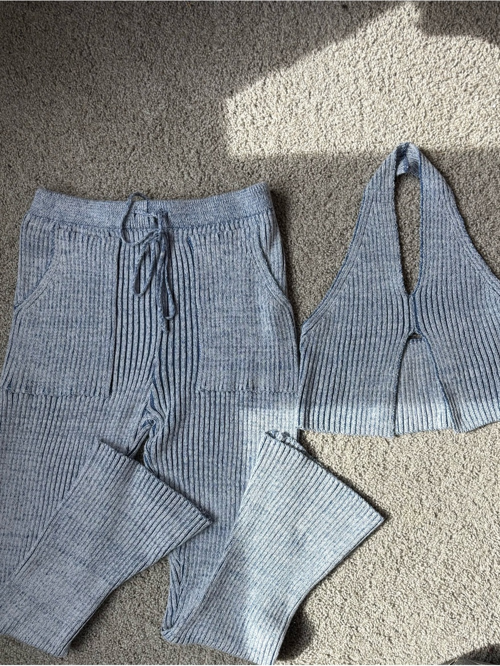 Cozy Ribbed Knit Halter Top & Drawstring Pants Set - Light Blue